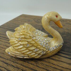 Trinket Box Jeweled Swan  Rhinestones  Enamel Magnetic Hinged
